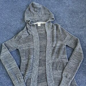 Roxy Sweater Womens Medium Gray Hooded Open Knit Longline Cardigan Boho